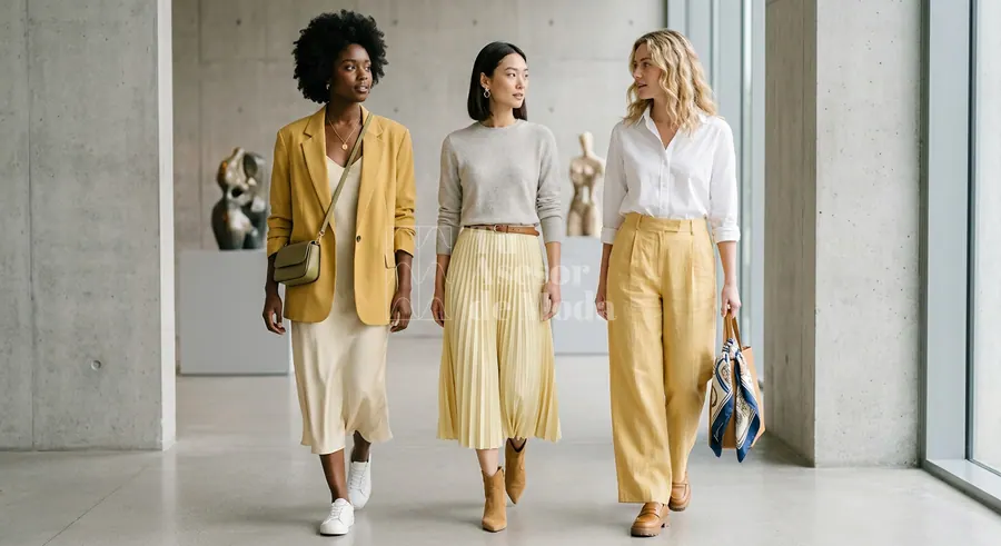 tres looks con amarillo aplicados en contextos relajados elegantes y urbanos