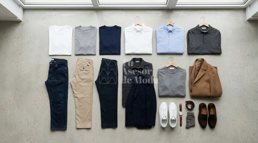 wardrobe board con todas las prendas esenciales de un armario cápsula hombre