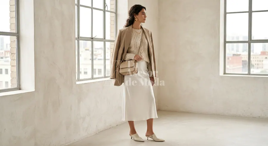 outfit en blanco y beige con contraste de tejidos y capas