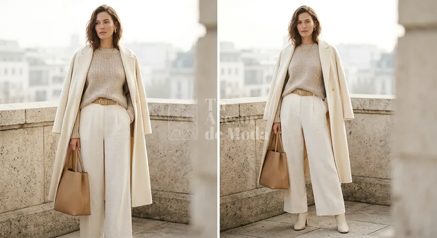 look con blazer beige y camisa blanca en un estilo pulido