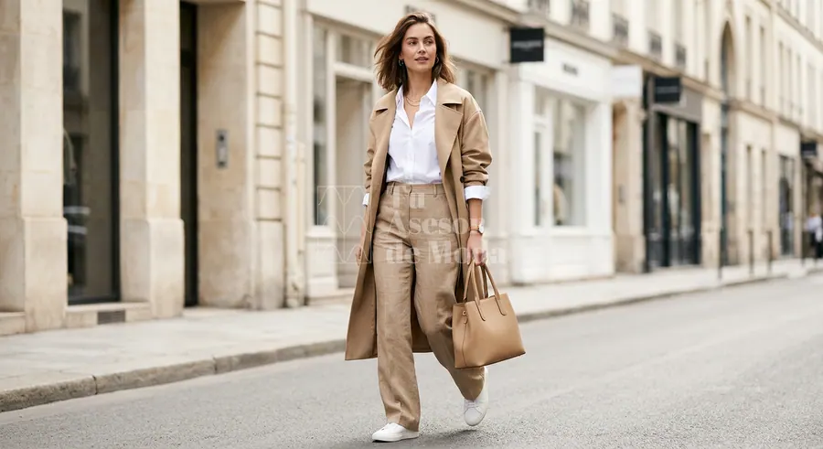 outfit urbano con jeans blancos y trench beige