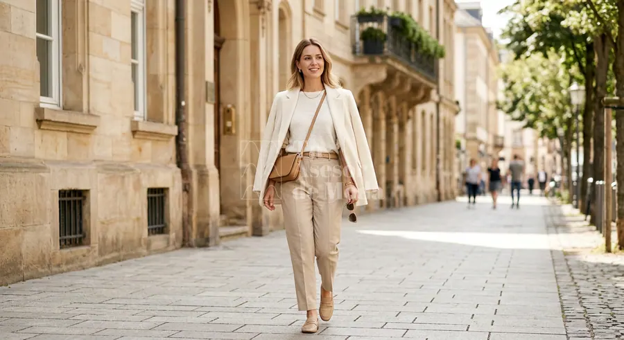 look femenino con falda blanca y cárdigan beige