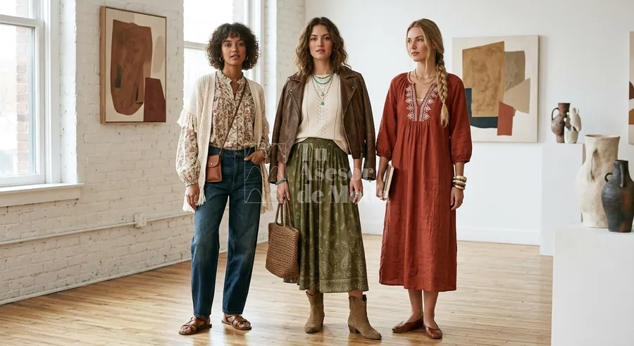 looks boho chic mujer con jeans vestidos y botines