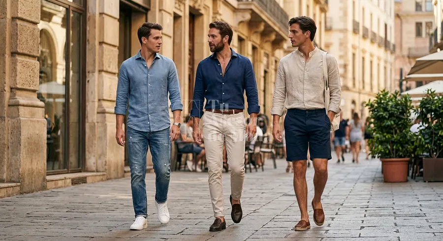 camisa de lino para hombre con jeans y calzado casual