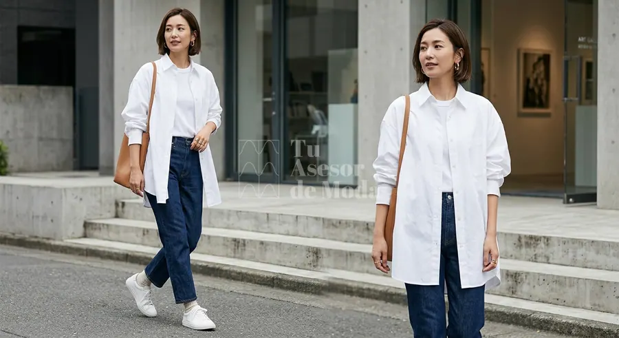 camisa oversize de mujer con jeans y zapatillas blancas
