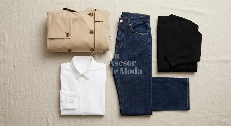 prendas esenciales de armario cápsula con texturas neutras y limpias