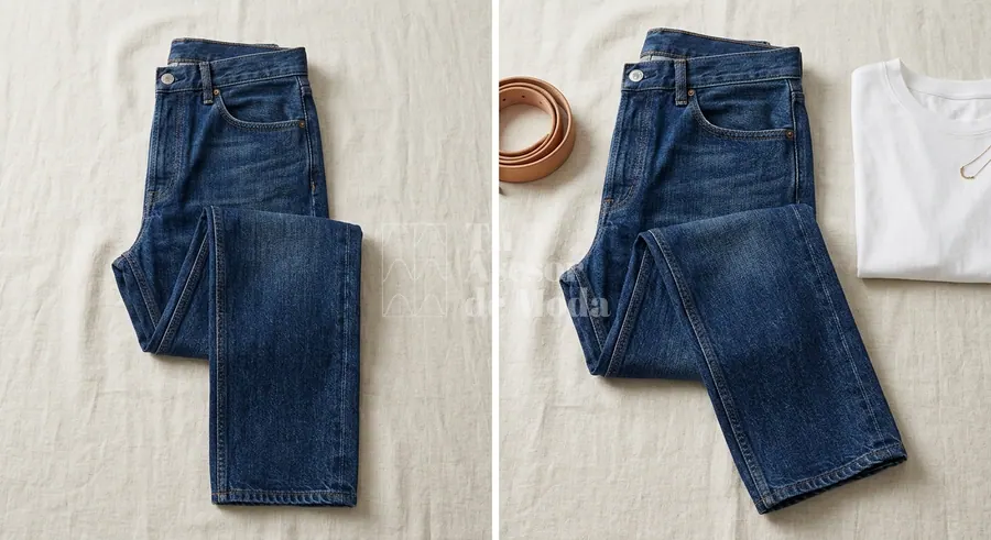 jean recto azul con camiseta blanca como prendas esenciales de armario cápsula