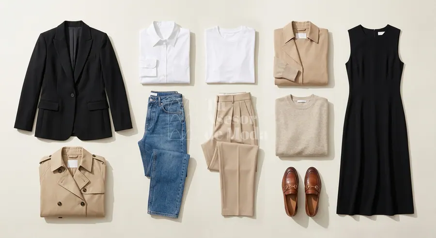 selección visual de prendas esenciales de un armario cápsula femenino