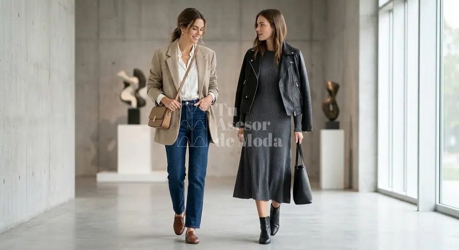 prendas clave para vestir casual elegante mujer con blazer pantalón y calzado sobrio