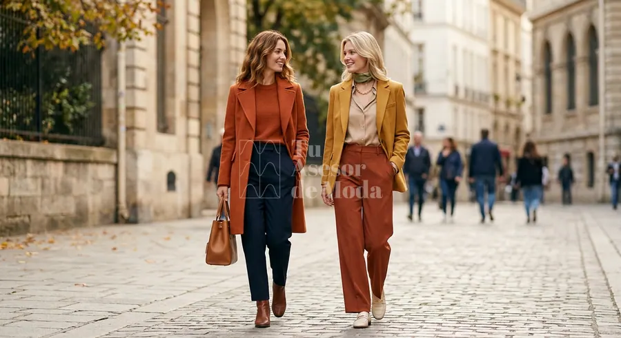 mujeres con looks en colores intensos combinados con bases neutras