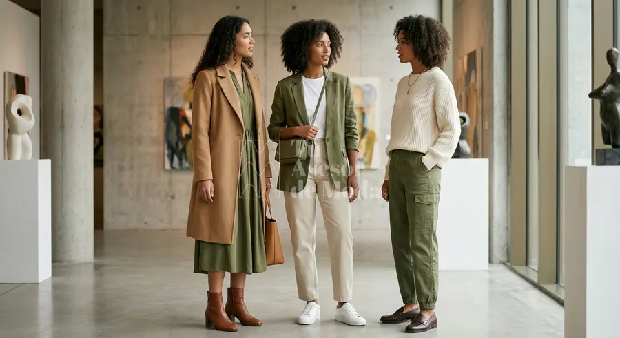 look de mujer en verde oliva combinado con blanco y marrón