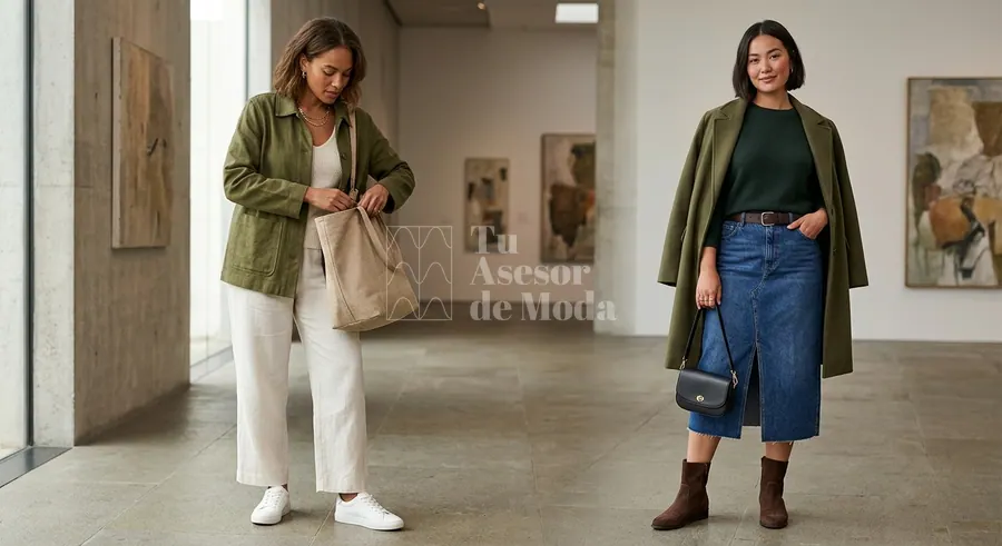 look urbano de mujer con verde oliva, negro y accesorios dorados