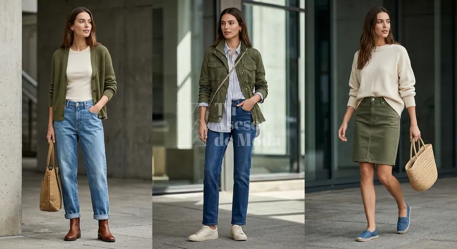 look de mujer con prenda verde oliva, denim azul y tonos crudos