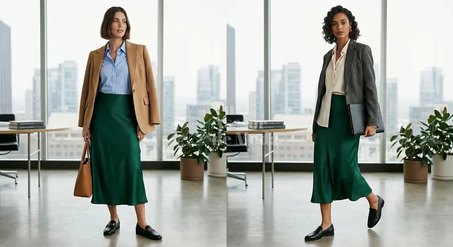 falda satinada con camisa y mocasines para un look de oficina