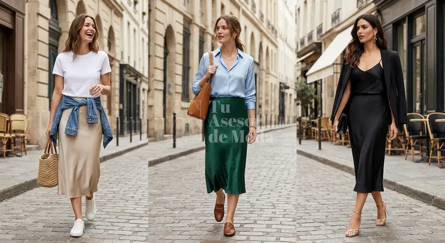 falda satinada con top elegante y sandalias para una cena