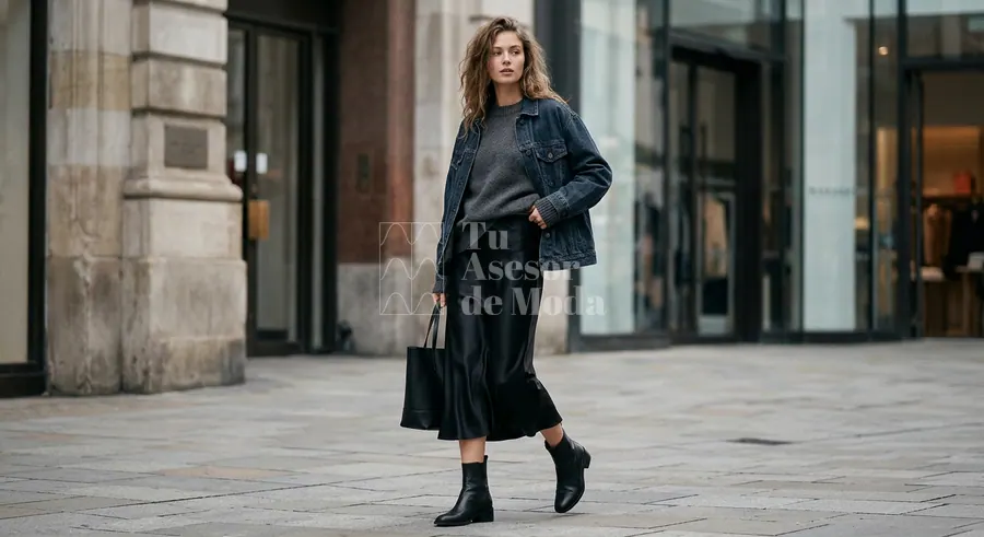 look editorial con falda noventera de satén