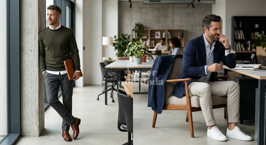 comparación visual de aciertos y errores en outfit de oficina masculino