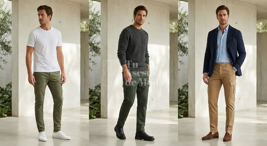 pantalón cargo hombre con camisa, blazer relajado y mocasines