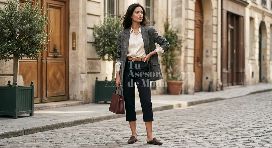 outfit minimalista con pantalones capri y top neutro