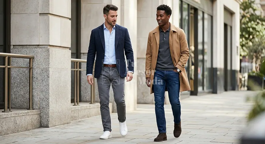 varios hombres con looks smart casual en una misma escena editorial