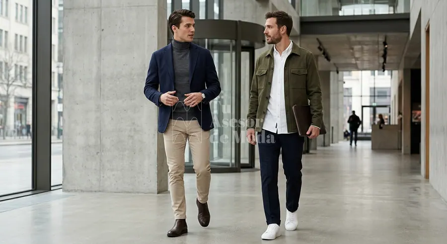 combinaciones smart casual con blazer camisa y pantalón chino en distintos hombres