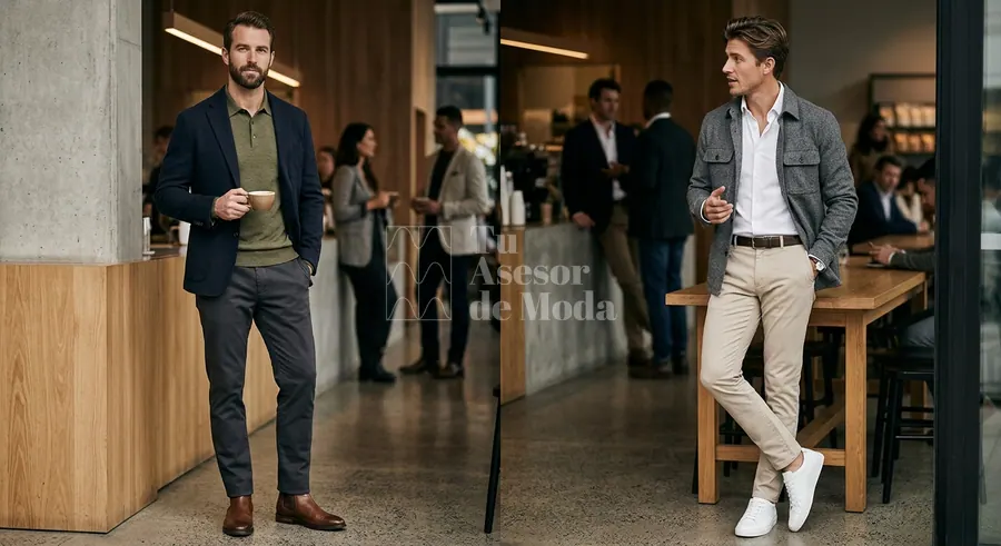 looks smart casual con varias combinaciones de jersey fino, blazer y calzado sobrio