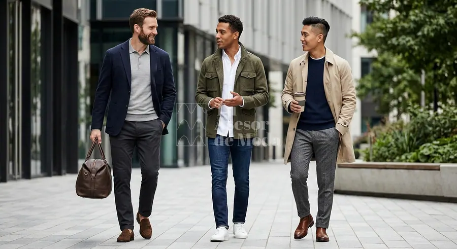 looks masculinos smart casual en azul marino beige gris y verde oliva