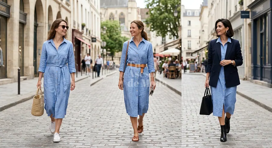 vestido camisero de mujer con cinturón y sandalias