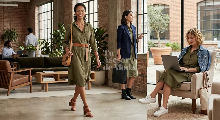 vestido camisero de mujer con botas y blazer para entretiempo