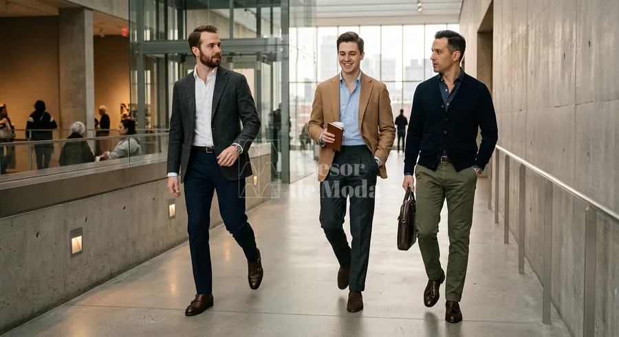 diferentes hombres con outfit de oficina usando mocasines derbies y zapatos sobrios