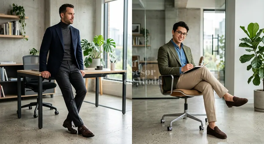 looks masculinos de oficina con calzado elegante y sobrio en contextos laborales distintos
