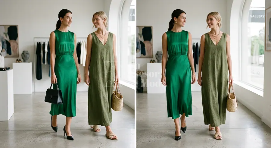 vestidos verdes combinados con sandalias nude doradas y zapatos oscuros en un mismo concepto visual