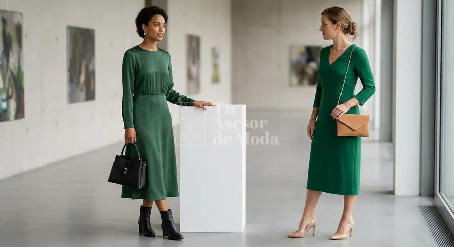 diferentes tonos de vestido verde con accesorios adaptados a verde esmeralda oliva menta y botella