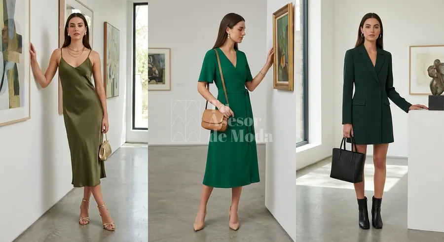 cuatro formas de llevar vestido verde para boda cena oficina y salida relajada