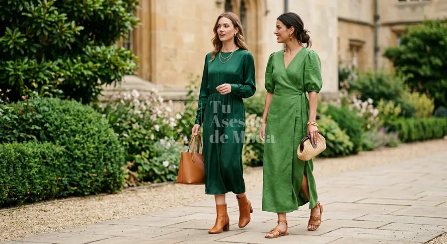 looks elegantes con vestido verde y accesorios discretos en tonos coordinados