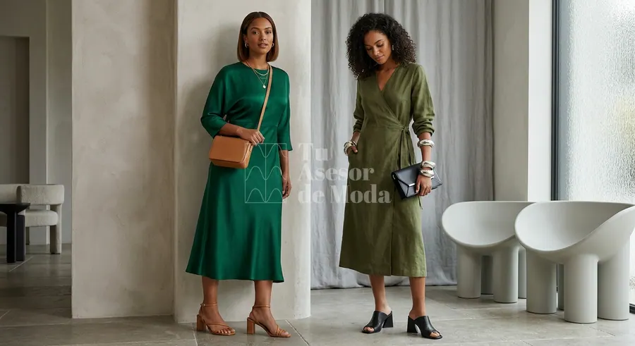 combinaciones finales de vestido verde con bolso zapatos y joyas en distintos estilos
